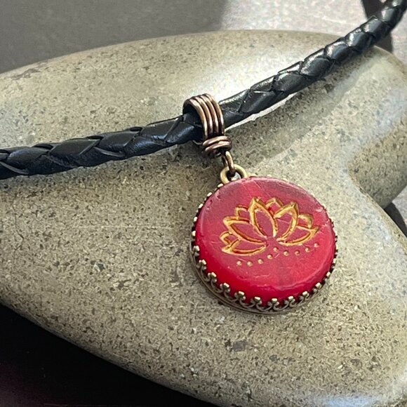 Braided Leather Necklace, Red Lotus Pendant, Women's Men's Layering Necklace - Picture 4 of 6
